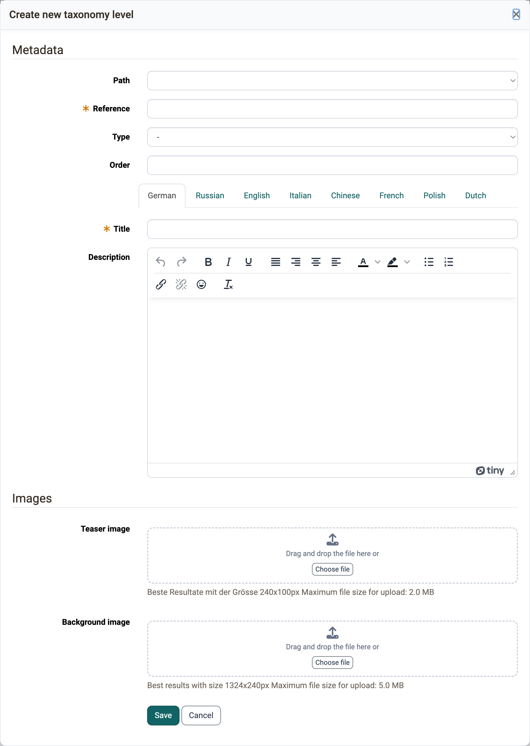 Dialog "Create new taxonomy level" with the fields Path, Reference, Type, Order, Title and Description and the section Images with Teaser image and Background image