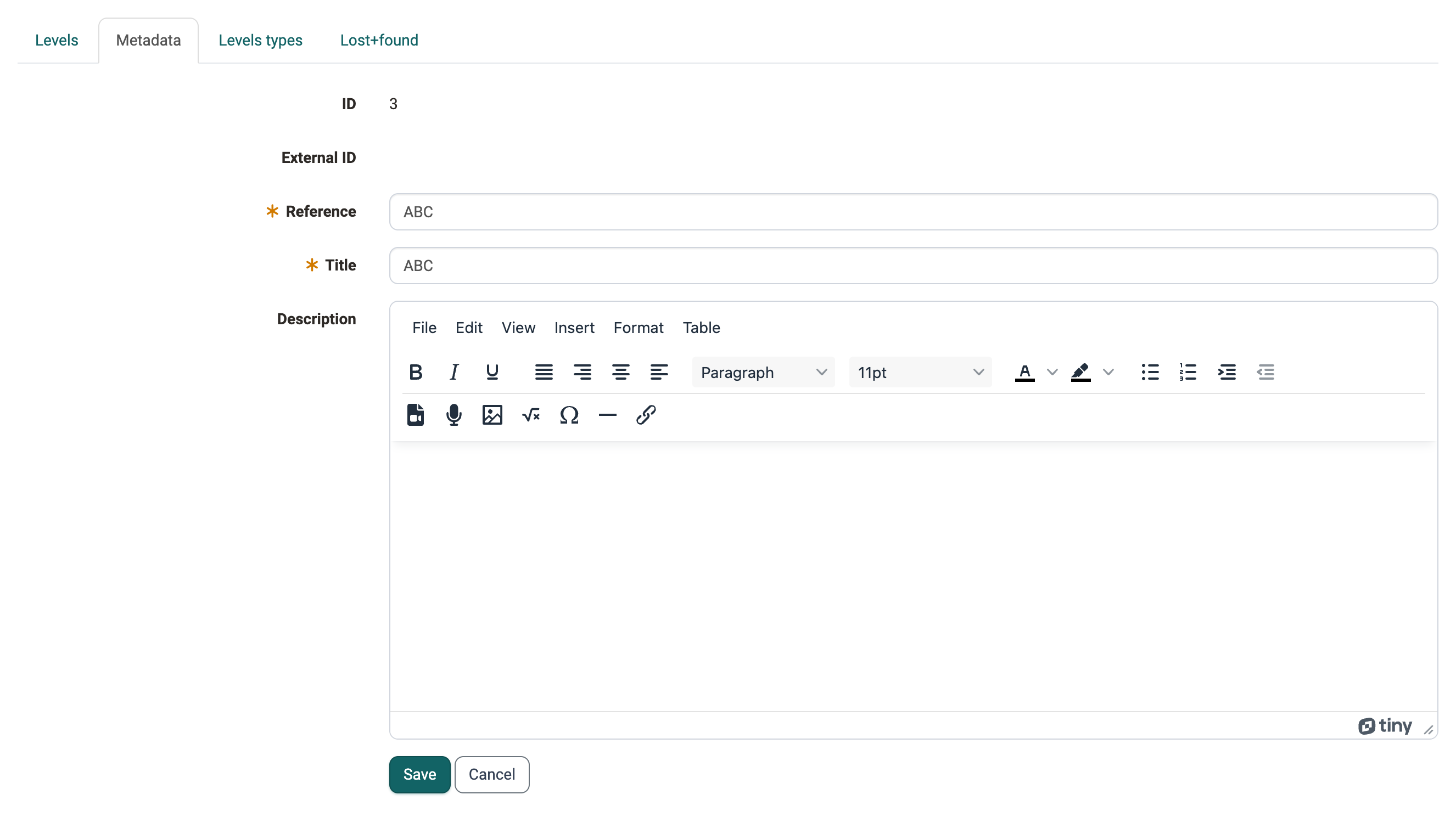 Metadata tab of a taxonomy with the fields ID, External ID, Reference, Title and Description