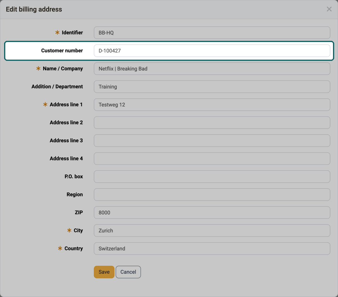 Form of a billing address of the organisation, the Customer number field below the identifier is highlighted