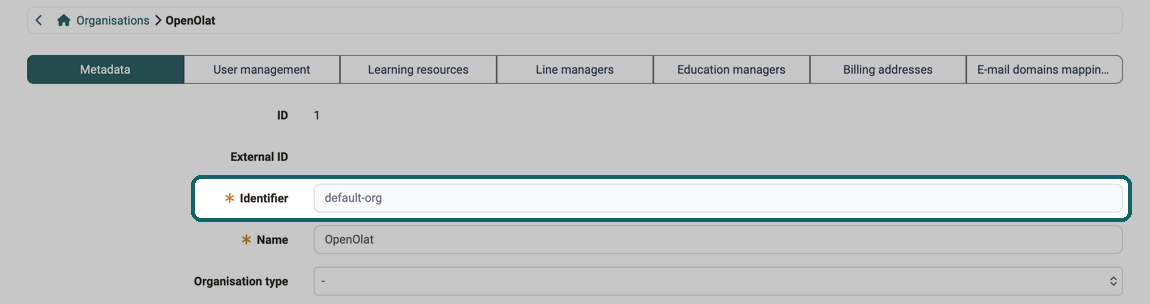 Marked field Identifier with the greyed-out value default-org, below it the field Name with the value OpenOlat