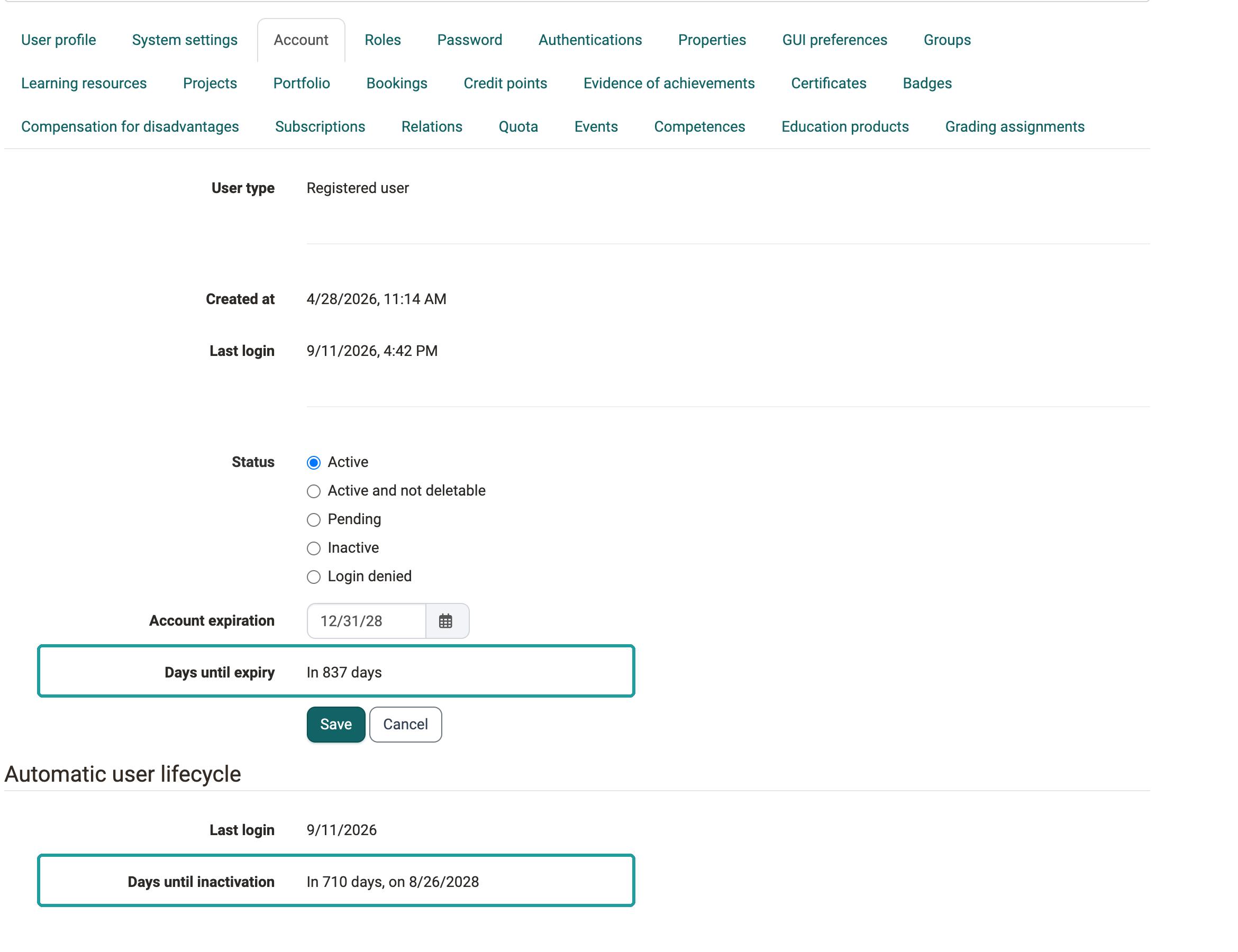 Account expiration 12/31/2028 with "In 837 days", below it the section Automatic user lifecycle with last login and "In 710 days": Account tab of an active account