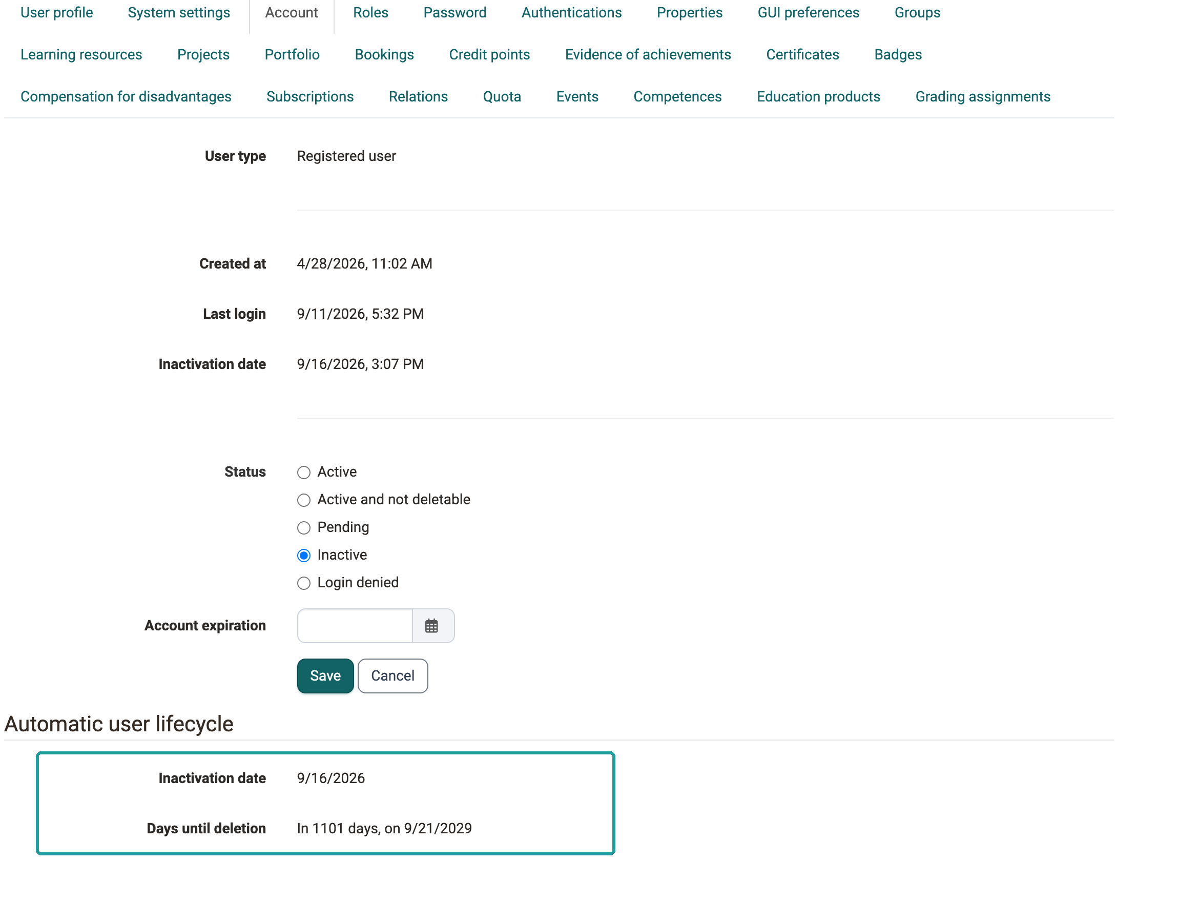 Inactivation date 9/16/2026 and the period "In 1101 days, on 9/21/2029": Account tab of an inactive account