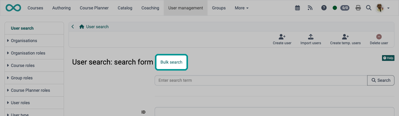 Marked link Bulk search next to the heading User search: search form