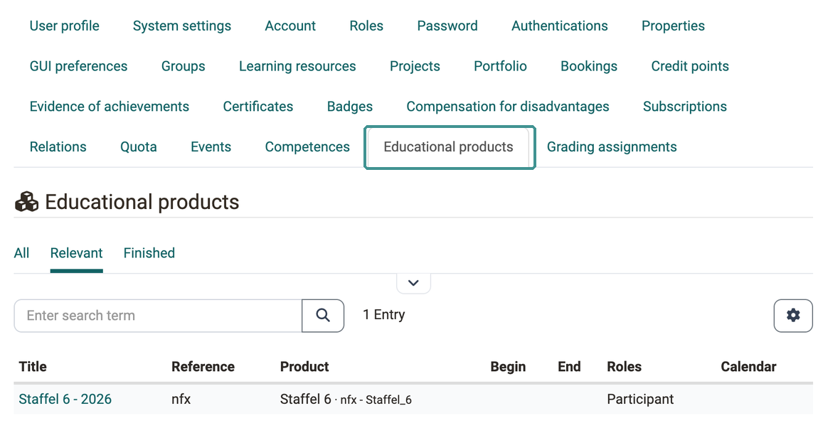 Marked tab Educational products, preselected filter tab Relevant and the column Roles, User management