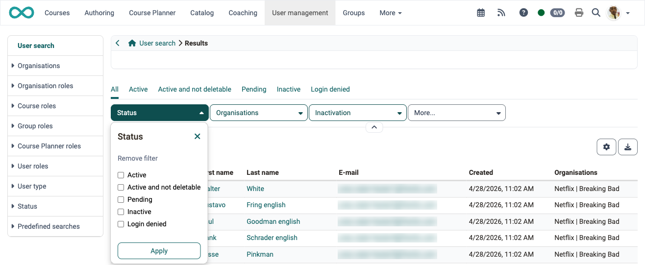 Filter row with Status, Organisations, Inactivation and More above the result list, the selection field Status is expanded: search result of the user search