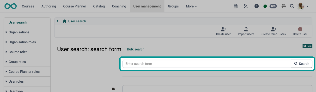 Marked input field with the button Search above the remaining search fields: user search with the search form