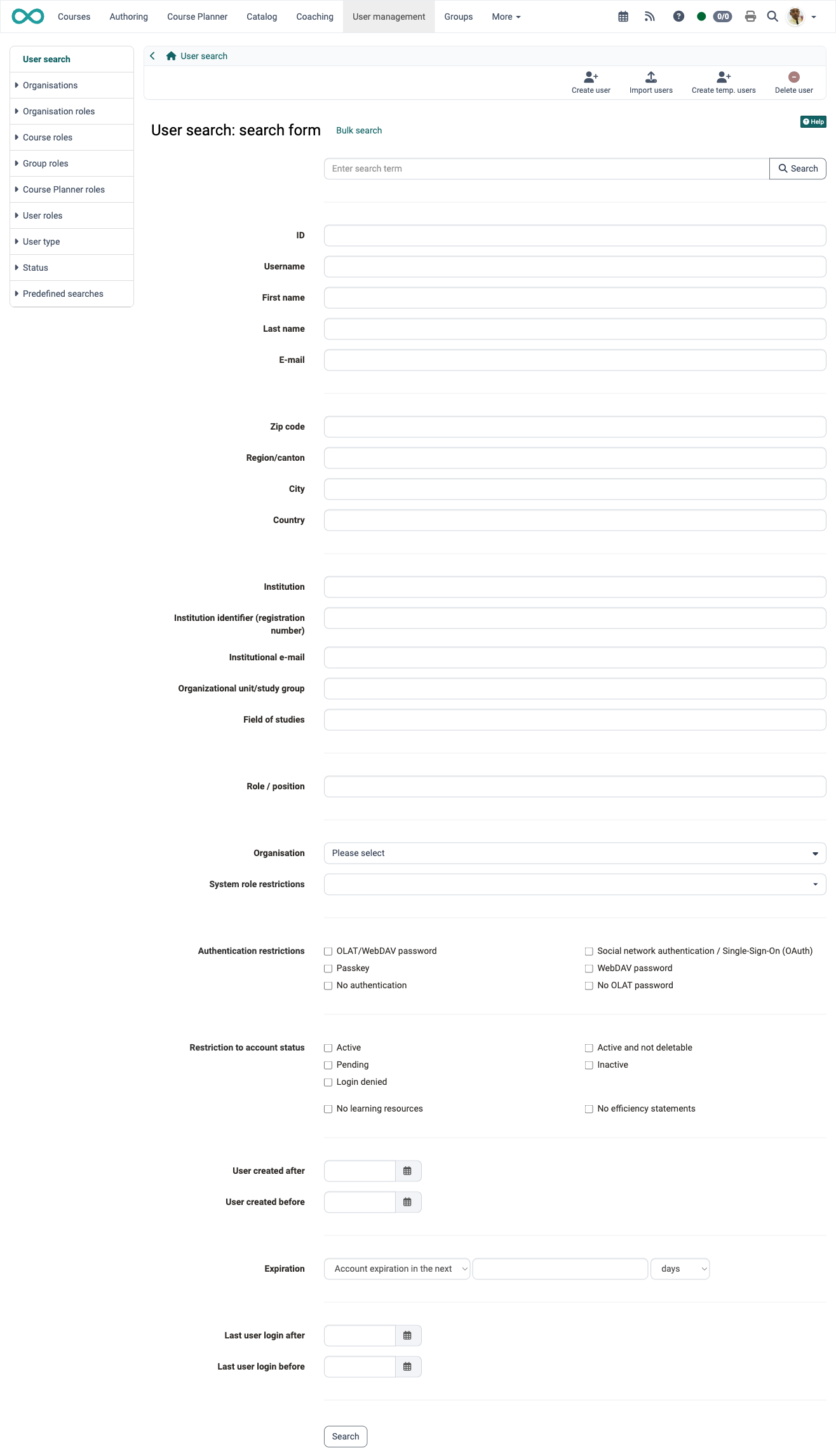 Search fields from ID to Last user login before, grouped into personal data, address, institution, roles, authentication, account status and dates: user search with the search form