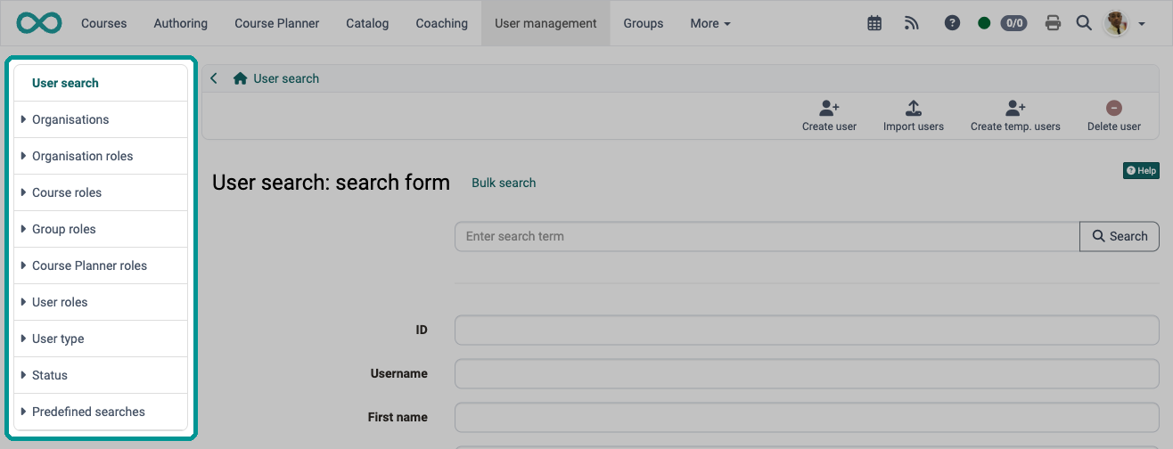 Left menu with the entries Organisations, Organisation roles, Course roles, Group roles, Course Planner roles, User roles, User type, Status and Predefined searches: user search