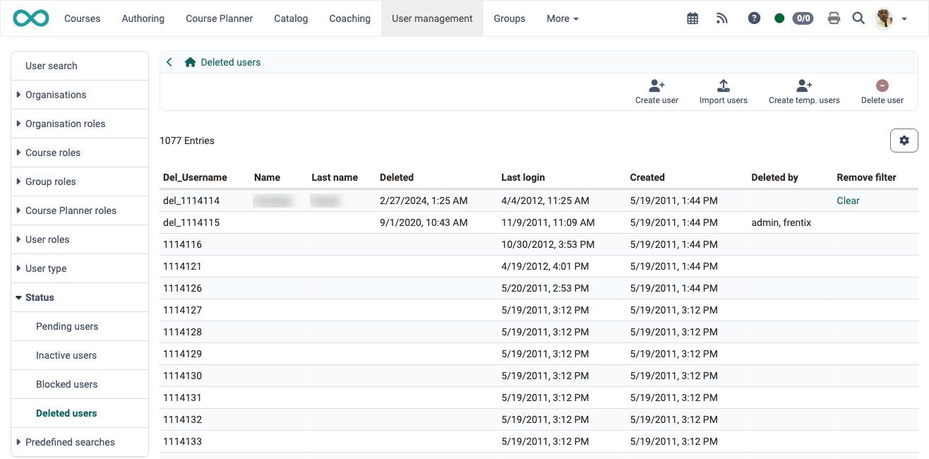 Table of the deleted users with Del_Username, Name, Last name, Deleted, Last login, Created, Deleted by and Remove filter, on the left the expanded entry Status: user search with status Deleted users