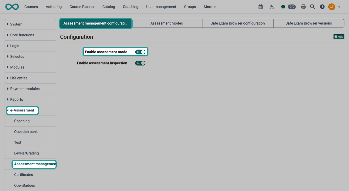 Switch Enable assessment mode turned on in the Assessment management configuration tab, under e-Assessment, Assessment management in the Administration