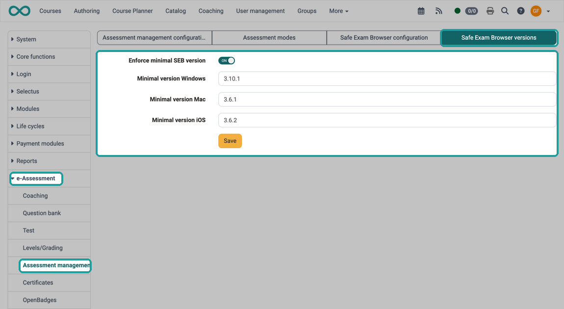 Enforce minimal SEB version switched on, with minimal versions for Windows, Mac and iOS, in the Safe Exam Browser versions tab