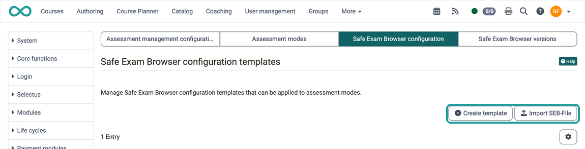 Buttons Create template and Import SEB-File in the Safe Exam Browser configuration tab of the assessment management