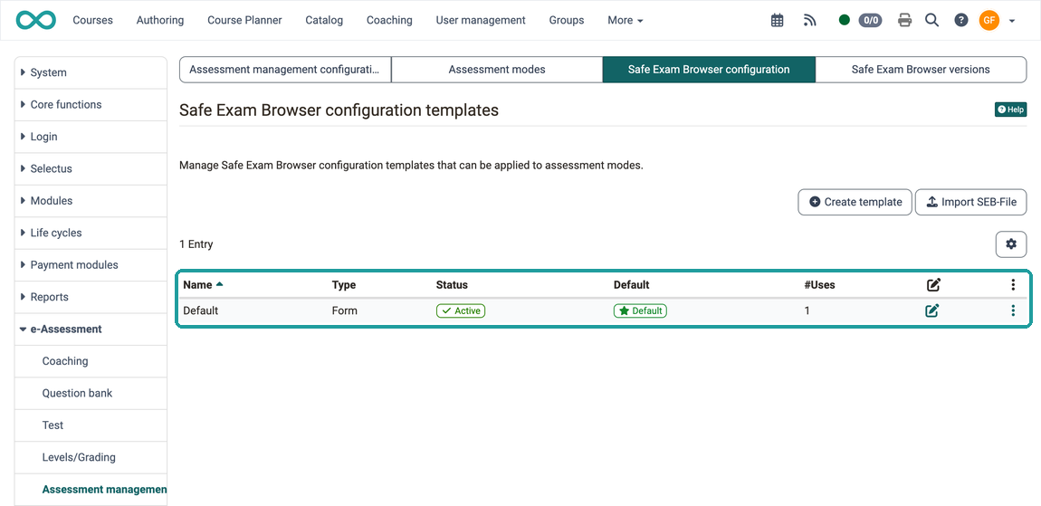 Template list with the columns Name, Type, Status, Default and #Uses, in the Safe Exam Browser configuration tab