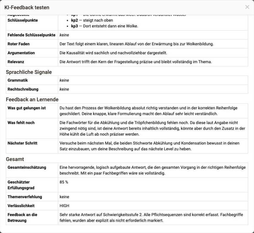 Feedback to student in three sections, below it the block Overall with estimated score 85 percent and feedback to coach
