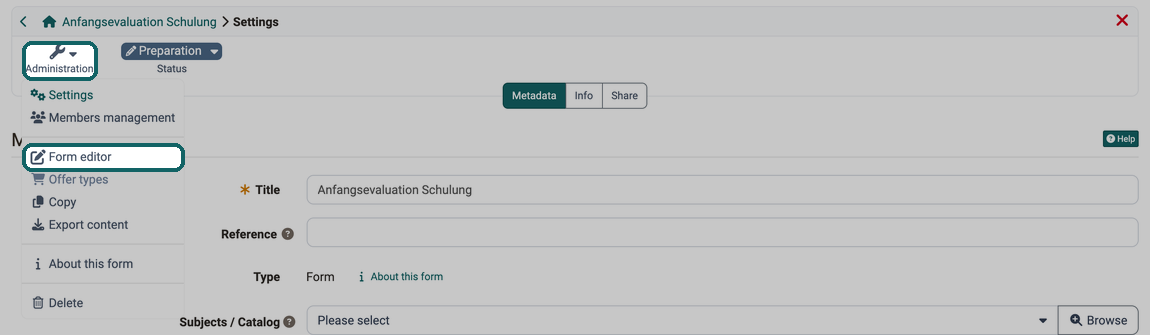 Menu Administration of a form learning resource expanded, the entry Form editor highlighted