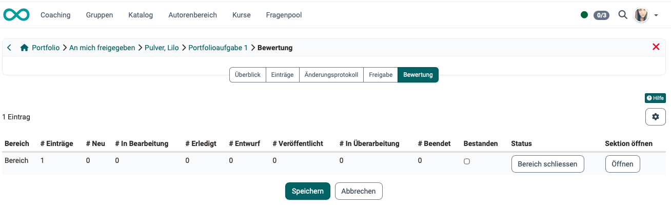 Assessment tab of a shared binder Table per section with the number of entries by status, the Passed checkbox and the Close section button