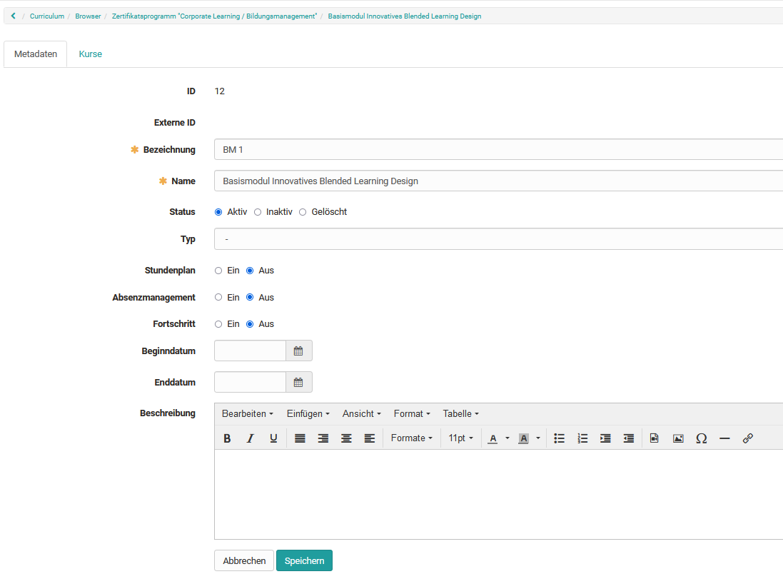 Curriculum Tab Metadaten