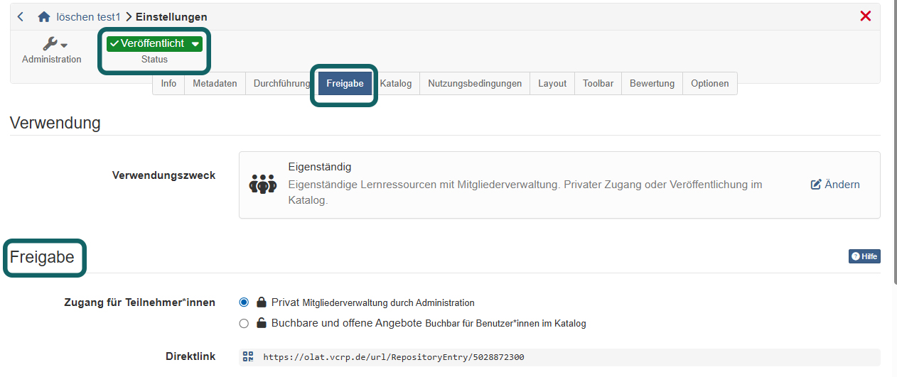 Status Published and the Share tab highlighted, below them the usage Standalone and the access for participants, course settings