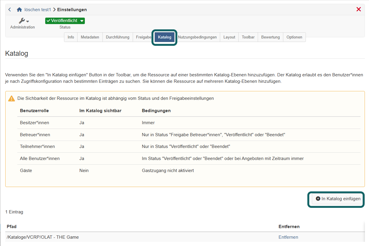 Button Add to catalog and the table showing which role sees the course in the catalog in which status, Catalog tab of the course settings