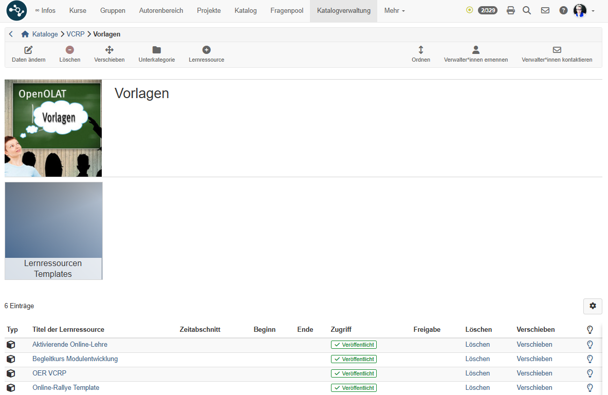 Category Vorlagen with a subcategory and six published learning resources, toolbar with Edit data, Move, Order and Appoint managers, Catalog administration menu