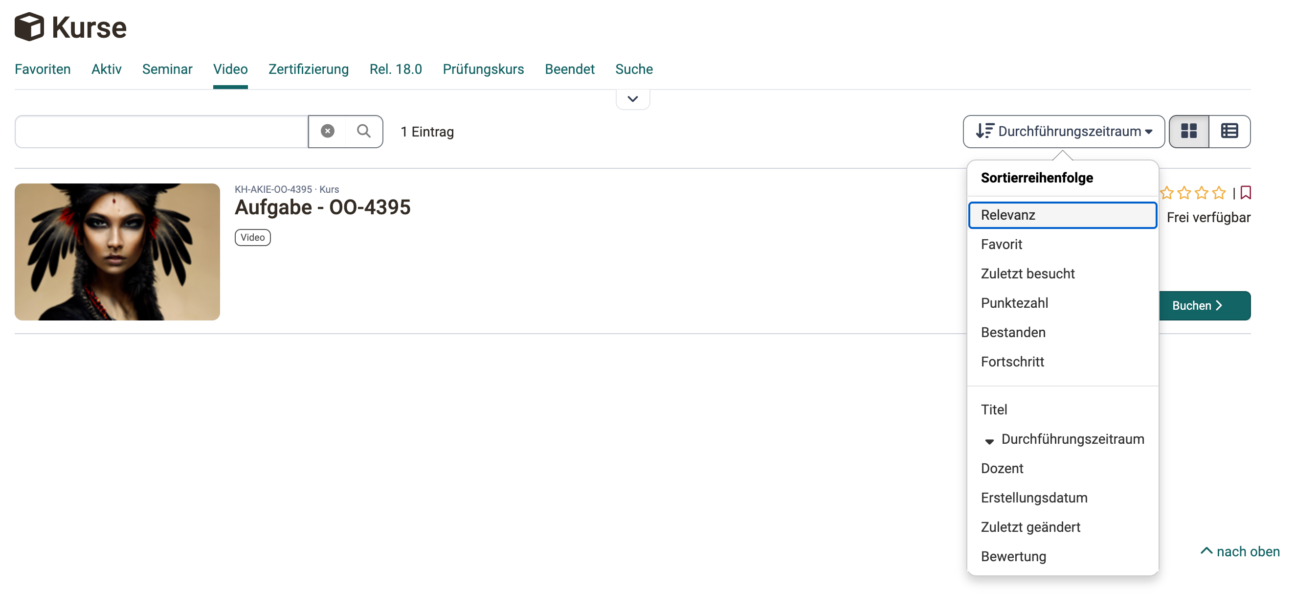 Sort button with the active criterion Execution period and the open Sorted by list, My courses area