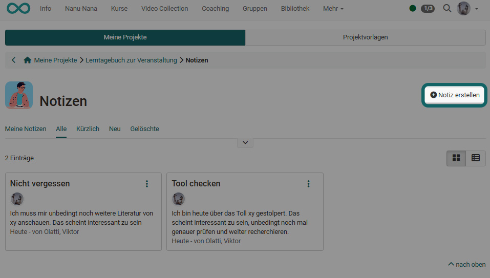 Projekt Notizen erstellen