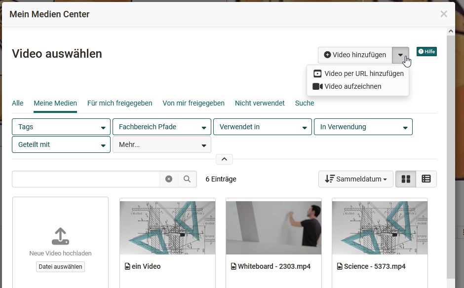 Dialog Select video in the Media Center with the button Add video and the opened menu Add video via URL and Record video, below it the tabs, filters and existing videos