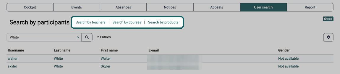 Search by participants with the links Search by teachers, Search by courses and Search by products, below it the list of results