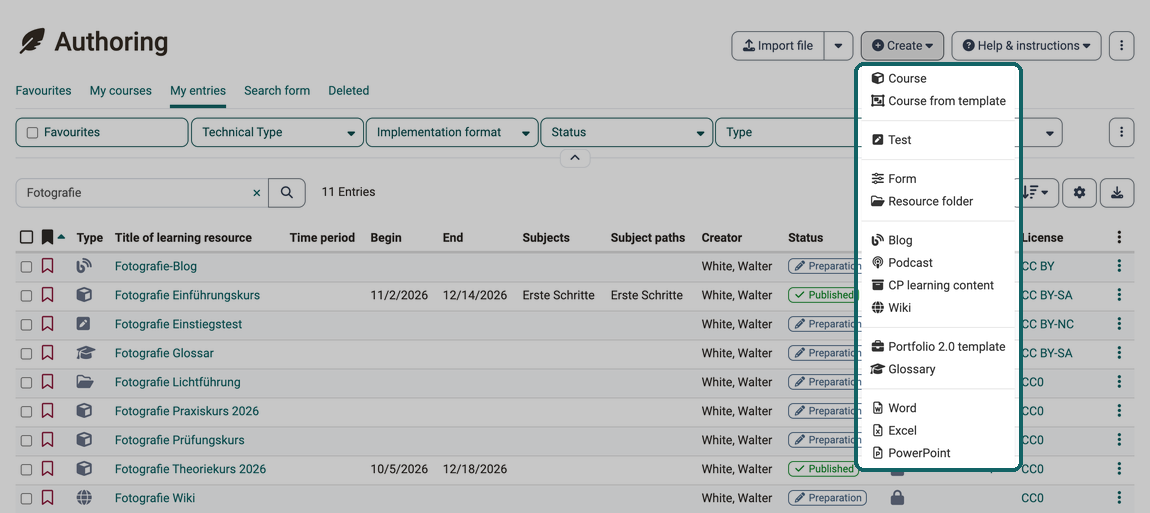 Open Create menu with the learning resources of the list below, from course and course from template to Word, Excel and PowerPoint