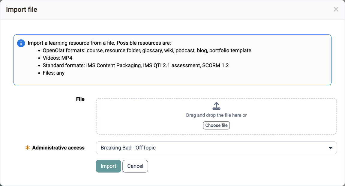 Dialog with the formats that can be imported, the field for uploading the file and the mandatory field Administrative access
