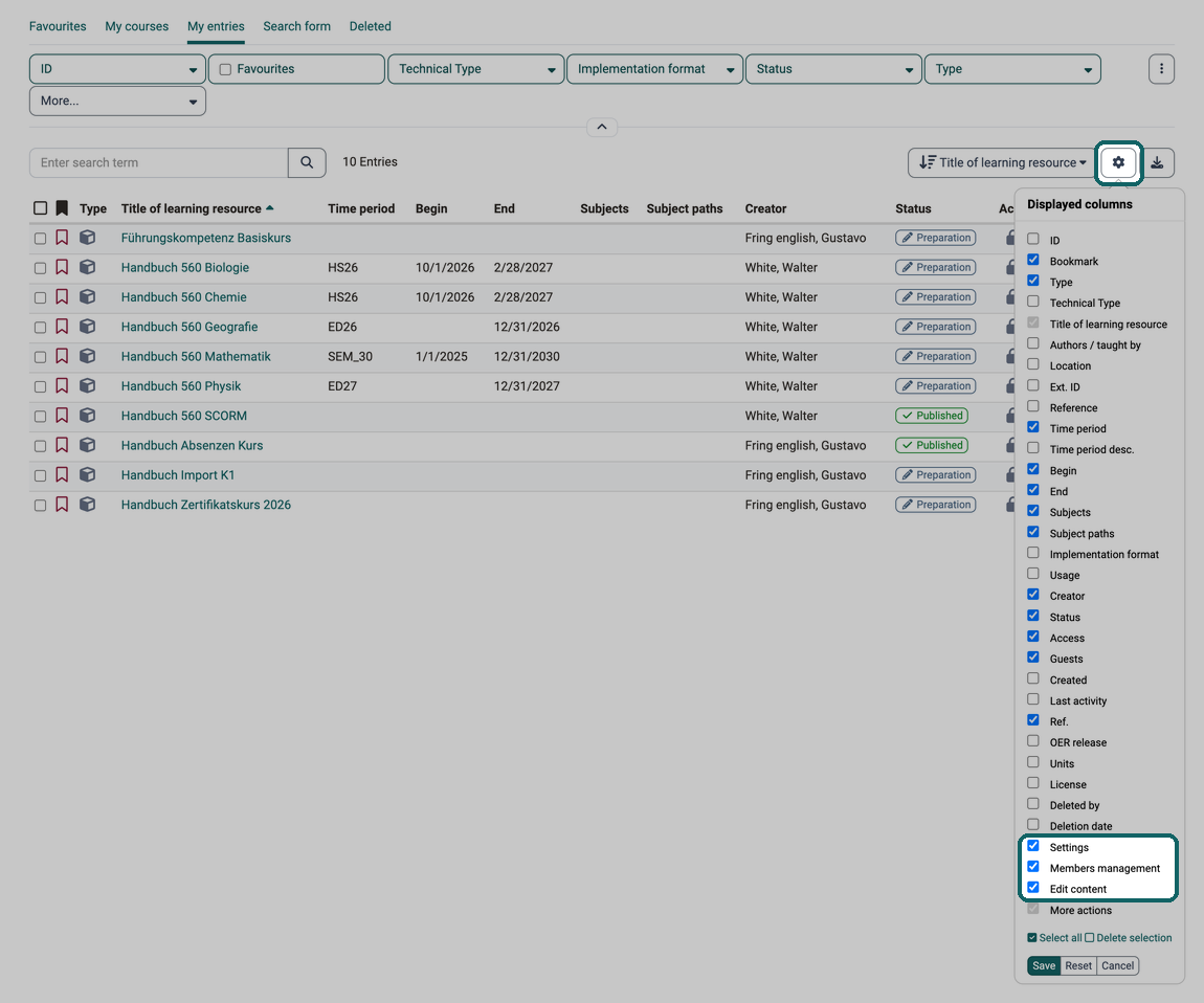 The cogwheel opens the Displayed columns list, highlighted the entries Settings, Members management and Edit content at the end of the list