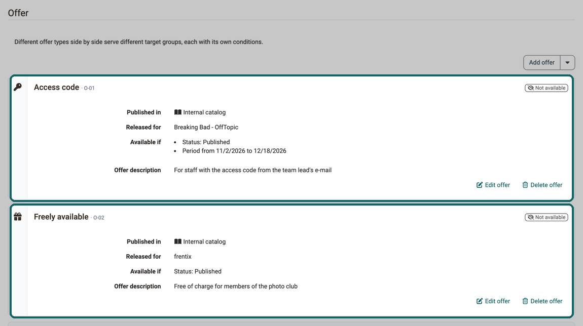 Two offers of the same course highlighted: Access code with a period and Freely available, each released for a different organisation