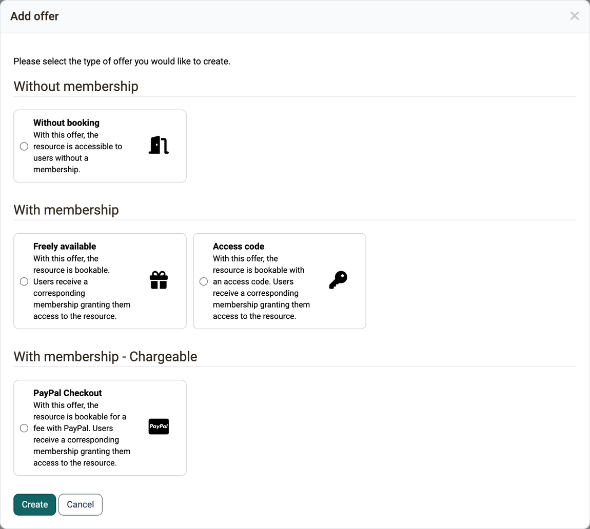 Offer types Without booking, Freely available, Access code and PayPal Checkout, grouped by membership, each with its short description for selection