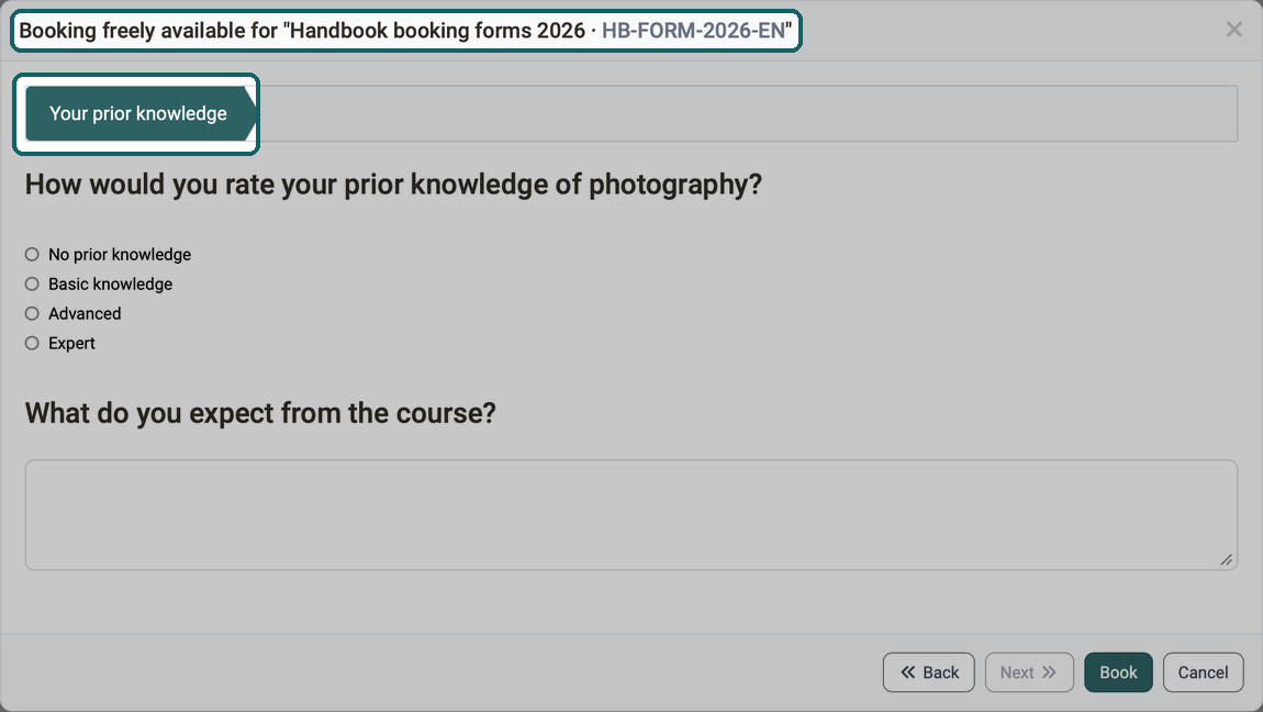 Title with offer type, implementation and reference, the form as the only step, Next inactive and Book highlighted