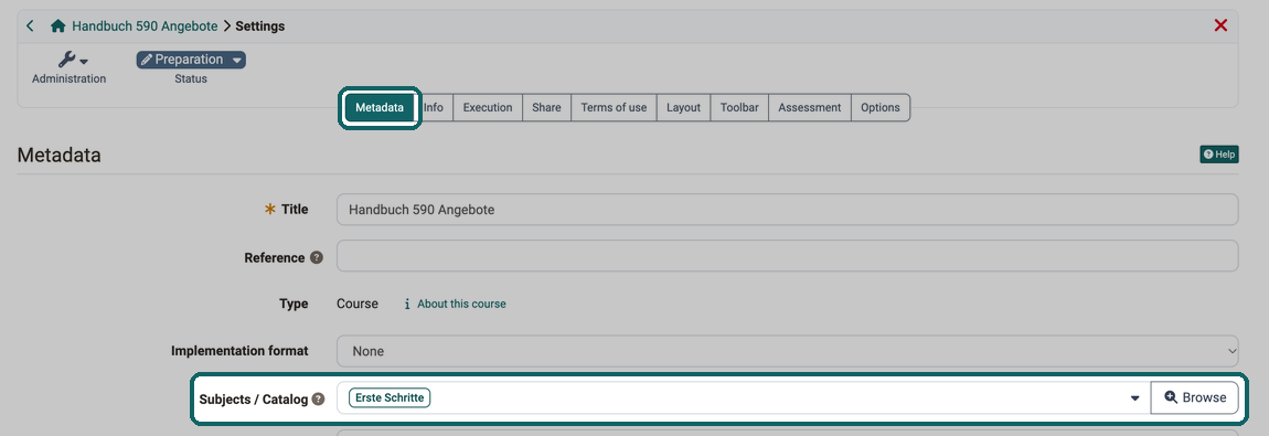 Metadata tab with the field Subjects / Catalog, containing the subject Erste Schritte, and the Browse button on the right: here you define in which taxonomy launcher the course appears