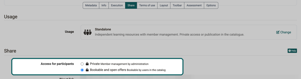 Setting Access for participants in the Share tab with the options Private and Bookable and open offers, the second option is selected