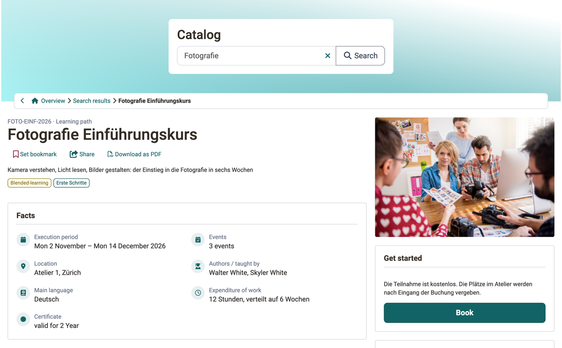 Info page of a course in the catalog under Search results: title, facts, cover image and Get started with the button Book