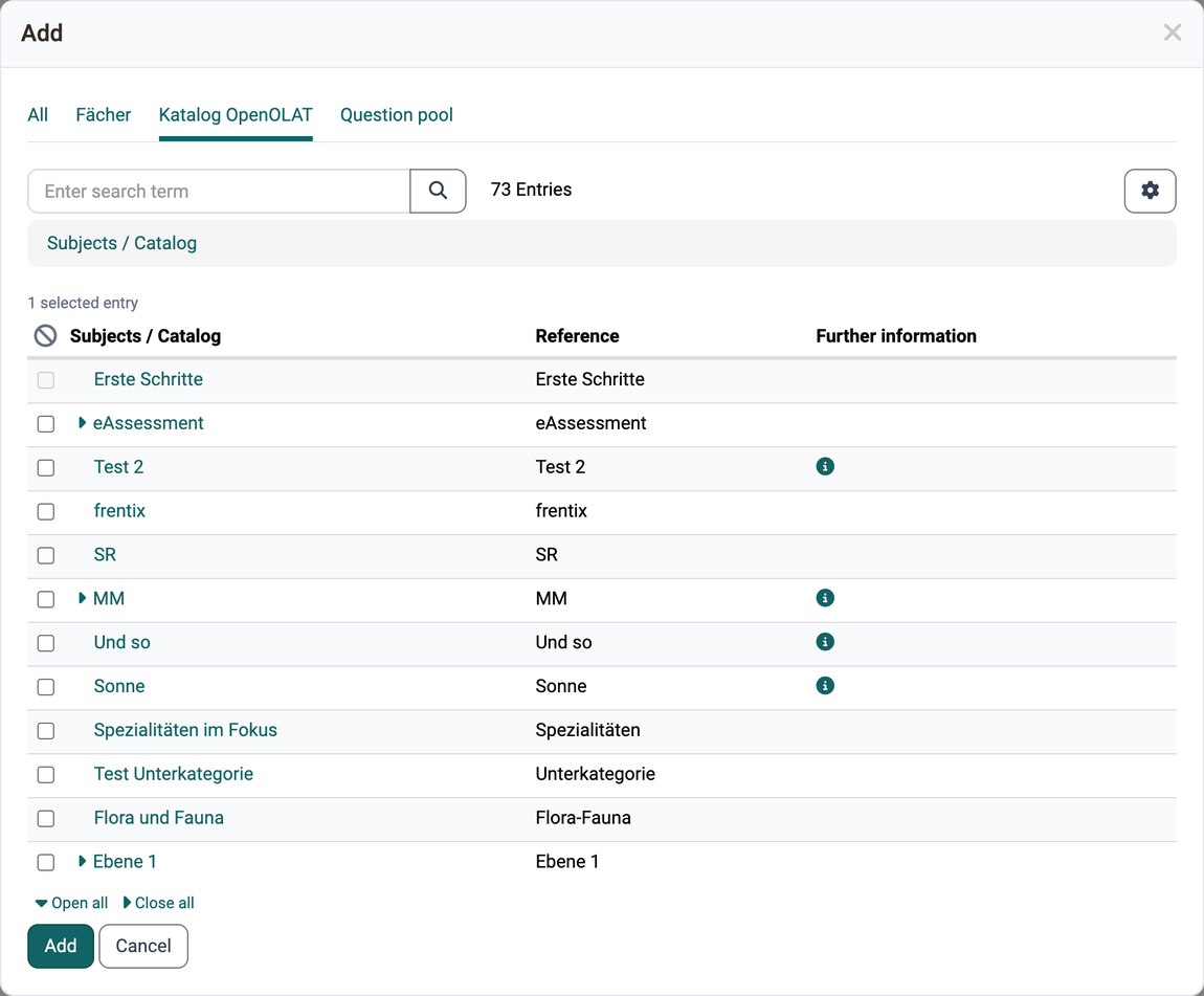 Add dialog with the tabs of the taxonomies, search field and taxonomy tree to tick: here you see how the subjects relate to each other