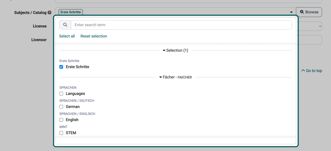 Popup below the field Subjects / Catalog with search field, the selection Erste Schritte and the subjects to tick: this is how you find a subject by its name