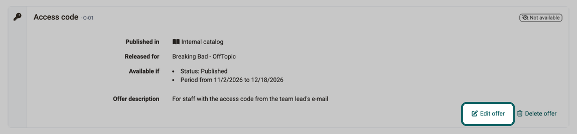 Link Edit offer in the box of an offer of type Access code highlighted