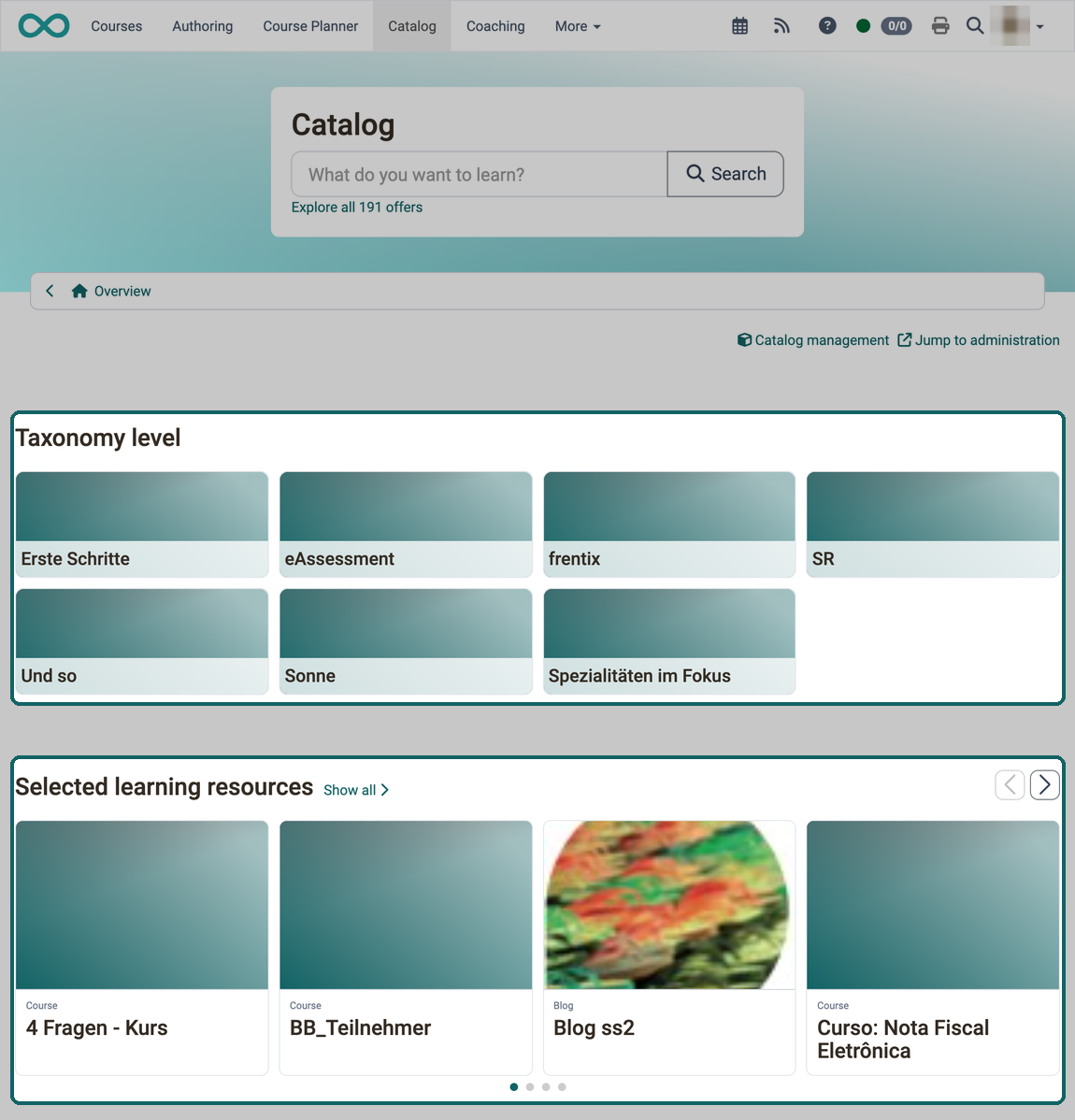 Each launcher is a section of its own on the start page, here a taxonomy level with its categories and below it selected learning resources
