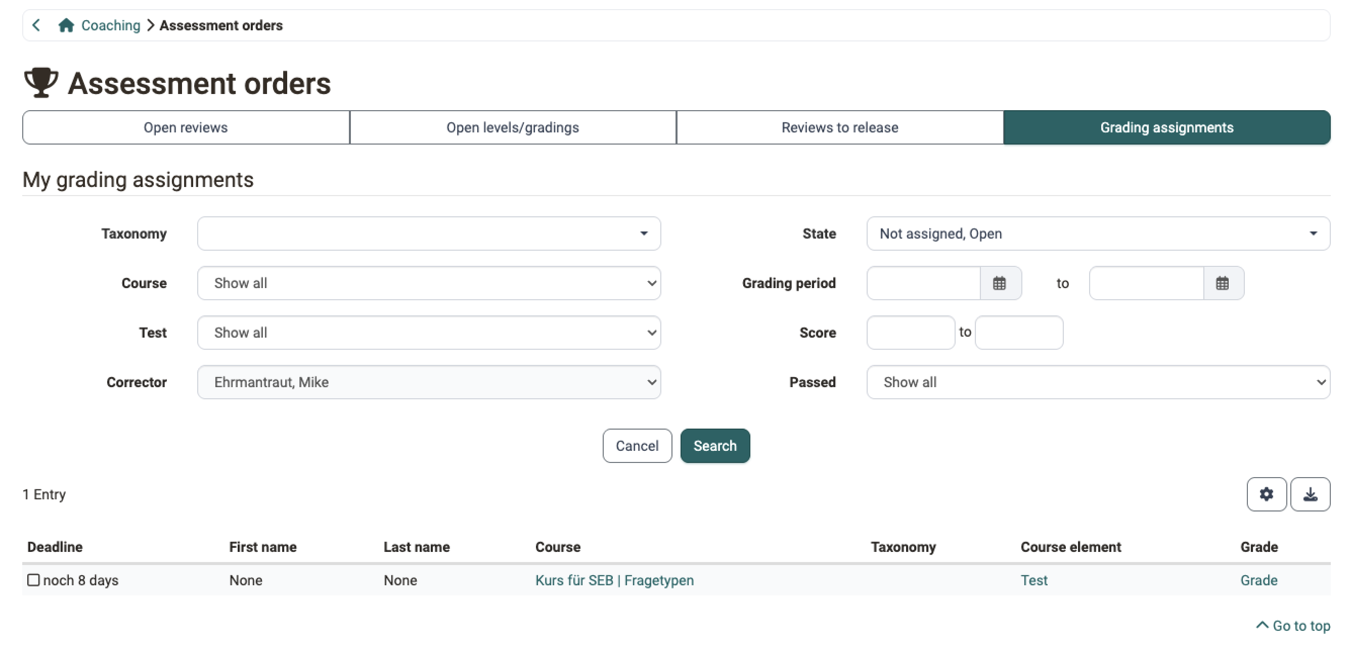 Filters for Taxonomy, Course, Test, Corrector, State, Grading period, Score and Passed, below them the list with Deadline, Course, Course element and the Grade link, in the tab Grading assignments.