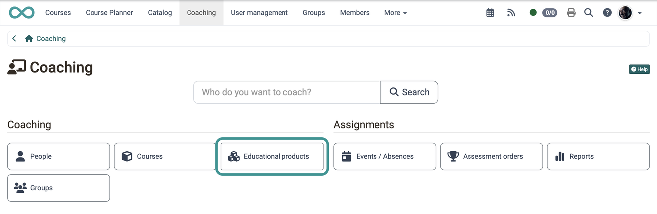 Marked button Educational products in the Coaching group leads to the implementations you coach, on the Coaching entry page.