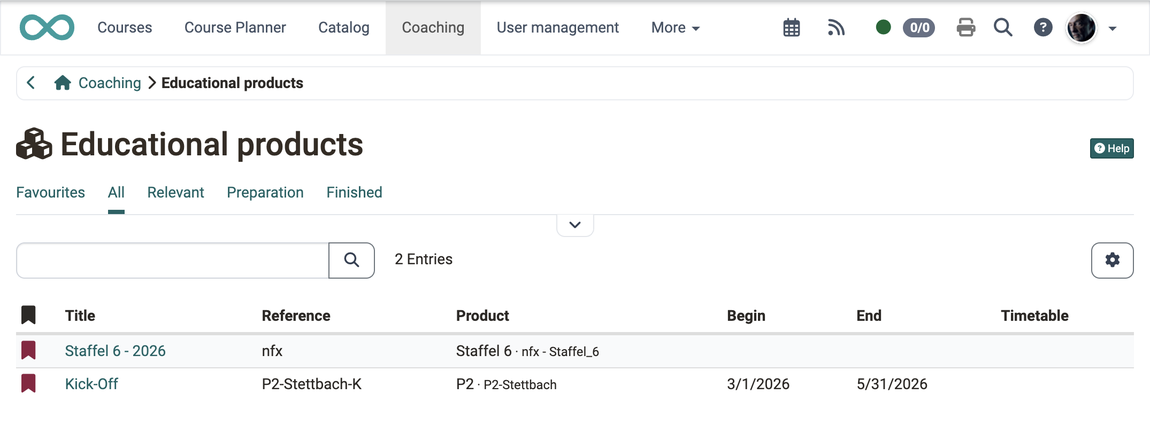Five filter tabs above the list, one implementation per row with reference, product, begin and end, in the Educational products of the Coaching Tool.
