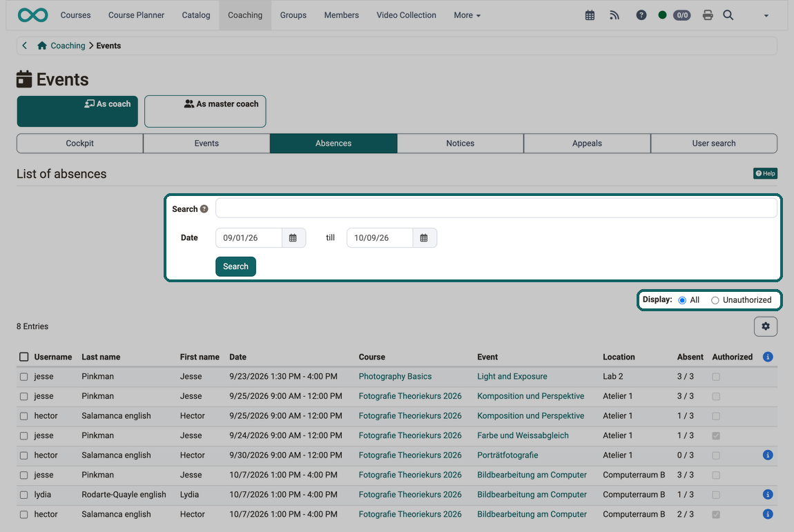 Marked search field with date range and marked display All or Unauthorized narrow down the list of recorded absences with date, course, event, location, absent and authorized