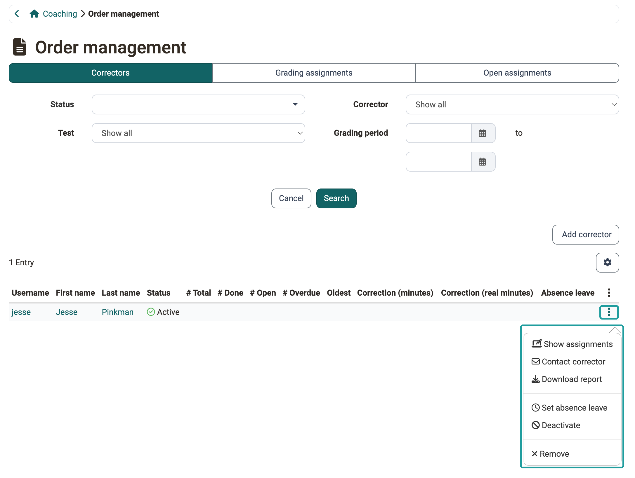 Row menu with Show assignments, Contact corrector, Download report, Set absence leave, Deactivate and Remove, in the tab Correctors of the Order management.