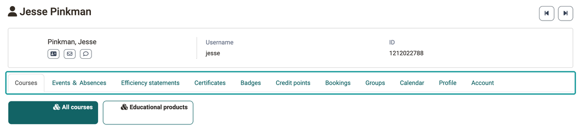 The tabs from Courses to Account are arranged in a bar below the details of the person.