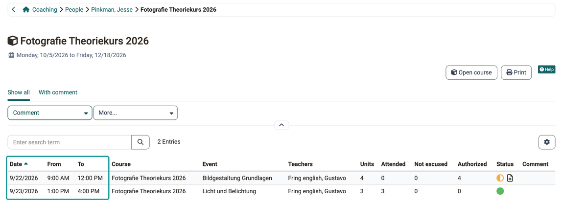 Individual events of a course with Date, From and To, after clicking on the course.