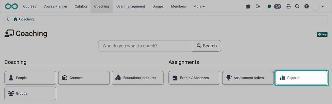 Marked tile Reports in the Assignments section opens the report templates, on the start page of the Coaching Tool.
