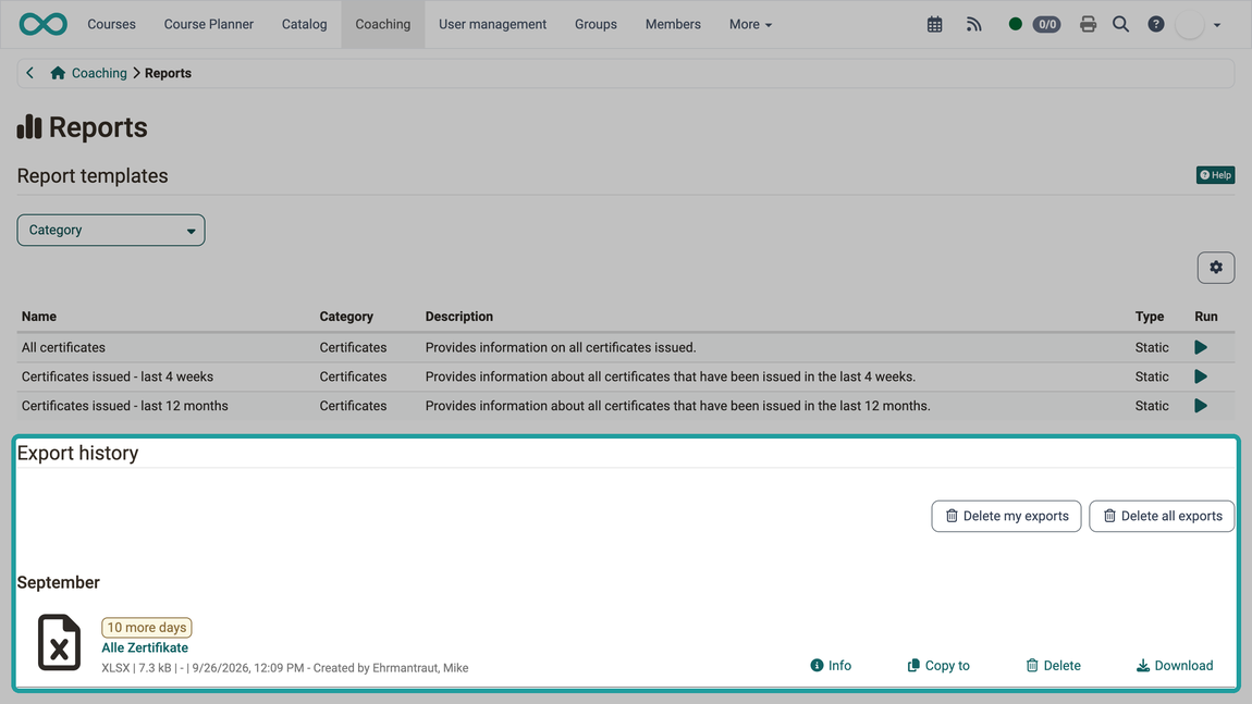 Marked section Export history shows the generated report with the remaining time 10 more days and the actions Info, Copy to, Delete and Download, in the Reports area.